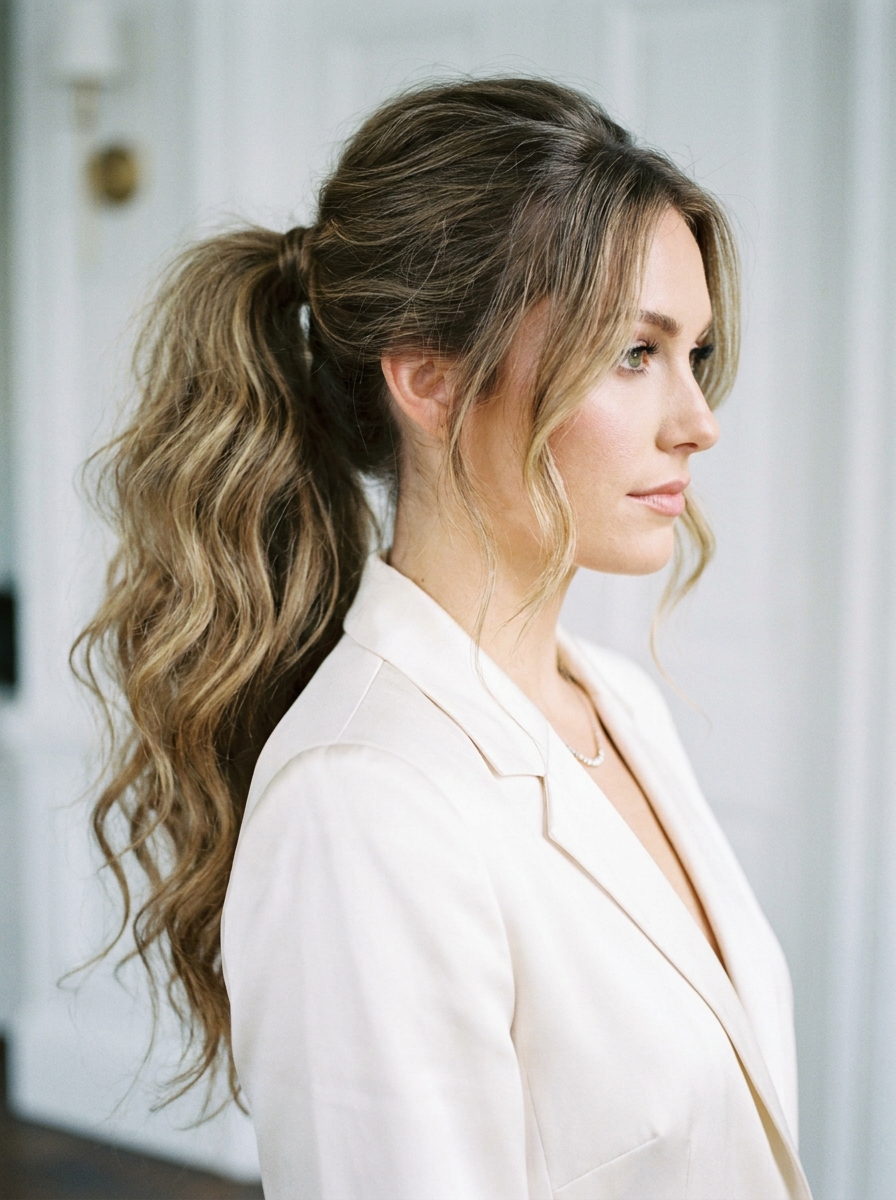 Voluminöser Ponytail mit Wellen als Frisuren für lange Haare als Hochzeitsgast Inspiration 2026